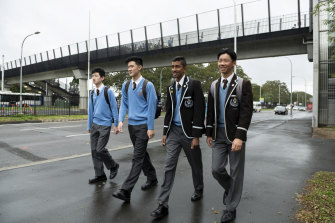 Sydney Boys High School students Joshua Lau, Nirosh Prabaharan, Dawon Kim and Doowon Kim return to school after the coronavirus lockdown. 