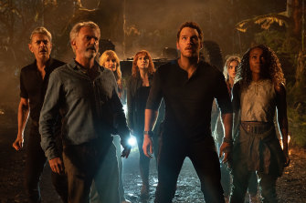 Neill (second from right) as Dr Alan Grant, with Jeff Goldblum, Laura Dern, Bryce Dallas Howard, Chris Pratt, Isabella Sermon and DeWanda Wise in Jurassic World Dominion.