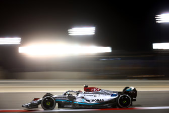 The area around the aqua stripe is the sidepod in George Russell of Great Britain’s (63) Mercedes AMG Petronas F1 Team W13 during the F1 Grand Prix of Bahrain in March.