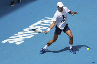 Novak Djokovic trained in Melbourne yesterday. 