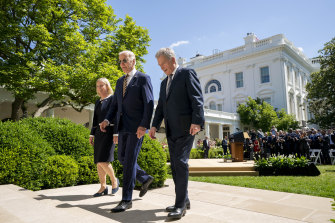 US President Joe Biden departs with Swedish Prime Minister Magdalena Andersson, left, and Finnish President Sauli Niinisto, right, after speaking in the Rose Garden at the White House in Washington.