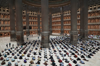 Worshippers socially distancing inside the Istiqlal Mosque in Jakarta.
