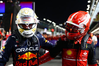 New rivalry: Max Verstappen and Charles Leclerc share a moment after the grand prix in Jeddah.