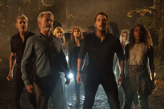 Jeff Goldblum, Sam Neill and Laura Dern (left) reunite in Jurassic World Dominion, and are joined by Bryce Dallas Howard, Chris Pratt, Isabella Sermon and DeWanda Wise.