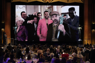 Jason Sudeikis accepted his award for Ted Lasso via video link. 