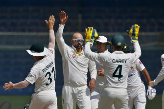 Nathan Lyon celebrates a wicket while on tour in Pakistan earlier this year.
