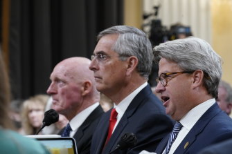 The three senior offocials who testified at the Tuesday hearing: Arizona House Speaker Rusty Bowers, left, Georgia Secretary of State Brad Raffensperger, centre, and his deputy Gabriel Sterling.