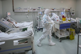 Medical staff attend to patients at the COVID-19 ICU unit of the Marius Nasta National Pneumology Institute in Bucharest, Romania.