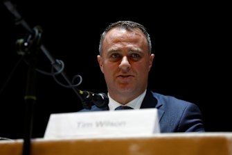 Liberal incumbent Tim Wilson addresses the Goldstein community forum on Thursday evening.