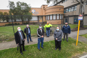 Objectors to the demolition outside the former Sunshine Girls’ Technical School. Left to right Professor Charles Sowerwine, Dr John Pardy, John Alchin, Neil Head, Melchior Bajada and John Hedditch.