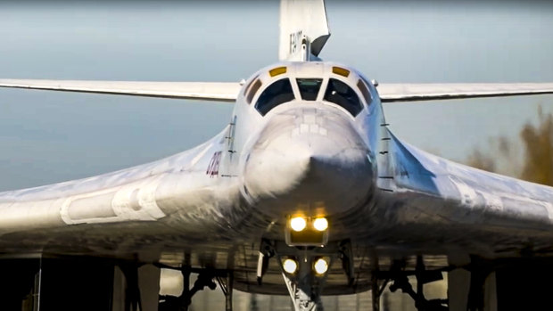 A long-range Tu-160 bomber of the Russian Aerospace Forces takes-off to patrol in the airspace of Belarus from an air field in Russia.