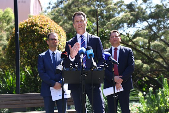 Premier Chris Minns was joined by Treasurer Daniel Mookhey (left) and Minister for Planning Paul Scully to announce legislation for major planning reforms.
