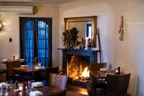 The roaring fireplace at the Merrijig Inn.