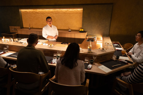 Chef Jun Oya cuts and cooks in front of guests at Shusai Mijo.