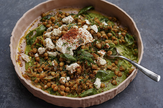 Sorta crispy chickpeas, green goddess and feta is a two-minute dinner winner.