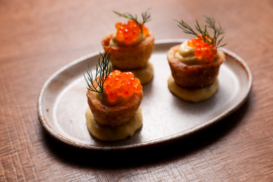 Potato skins with taramasalata and salmon caviar at Teddy’s.