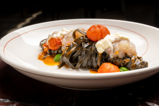 Pasta dishes such as this squid ink fettuccine with prawn are menu highlights.