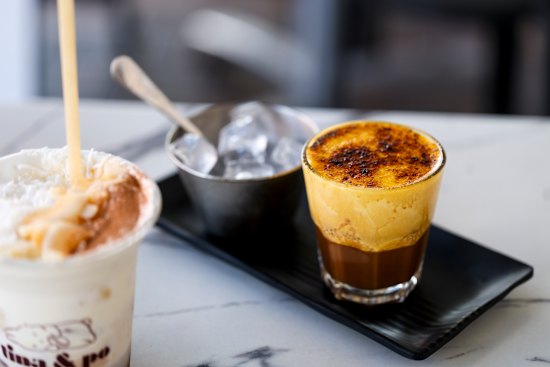 Vietnamese egg coffee and iced coconut cacao drink.
