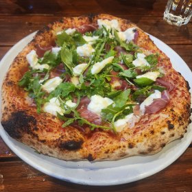 Prosciutto blue pizza at Levain Sourdough Pizza, opening soon in Woolooware Bay. 