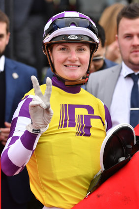 Jamie Kah in the mounting yard at Moonee Valley after riding More Than Ever to victory.