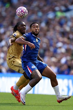 Eze vies with Chelsea’s Reece James in last weekend’s scoreless Premier League season-opener at Stamford Bridge.
