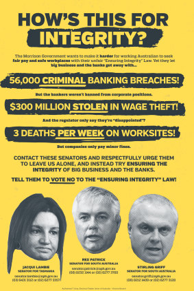 The Electrical Trades Union newspaper ad against the Morrison government's Ensuring Integrity Bill.