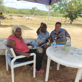 Nancy Nodea, Mabel Juli and Madeline Purdie at the temporary camp at Norton Bore, half an hour from Warmun in the Kimberley region. 