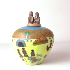 <p>Dawn Ngala Wheeler, <i>Damper Story</i> in <i>Clay Stories</i> at Strathnairn Gallery.</p>