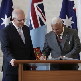 Prime Minister Scott Morrison and Fiji’s Frank Bainimarama during his official visit to Parliament House in Canberra in 2019. 