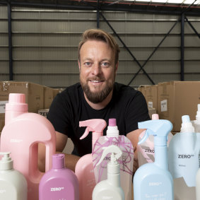 Mike Smith with the first batch of orders of his recycled plastic cleaning products.