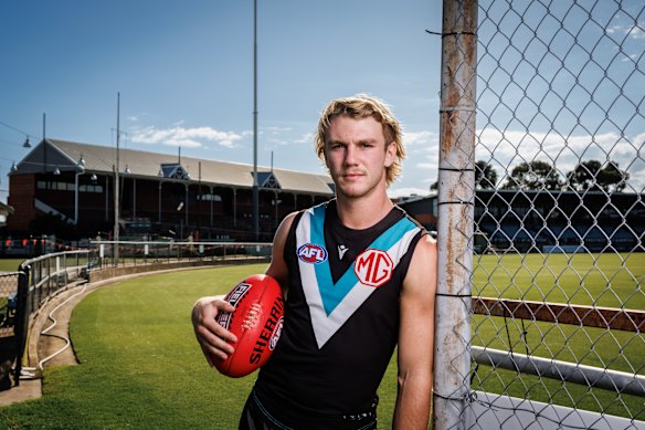 Jason Horne-Francis in front of the old grandstands at Alberton in 2023. A third will be built as part of the redevelopment. 