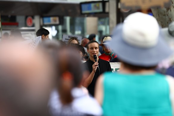 Dr Amanda Cohn speaks at a rally at Town Hall in Sydney. 