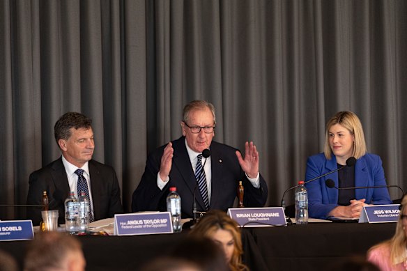 Blunt message: Incoming Liberal president Brian Loughnane (centre) seated next to the party’s federal leader Angus Taylor and Victorian leader Jess Wilson.