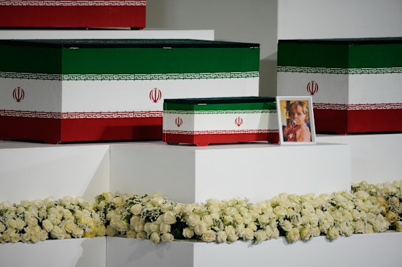 The casket of Khamenei’s 14-month granddaughter, Zahra Mohammadi Golpayegani, is among those on display.