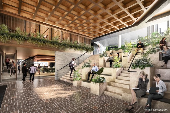 An artist impression’s of the new foyer at 500 Bourke Street, which is already 60 per cent leased.