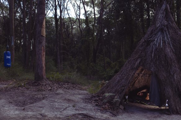 Cassar in his hut where he lives at Mangrove Mountain.