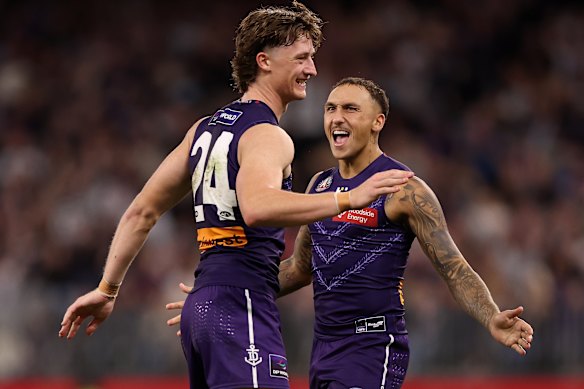 Shai Bolton of the Dockers celebrates a goal.