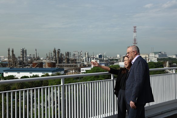 Prime Minister Anthony Albanese is given an overview of Jurong Island’s operations on Friday.