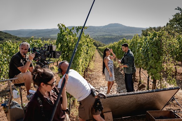Filming on location in Pienza, Italy.