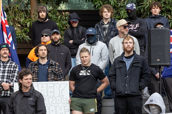Prominent neo-Nazi Nathan Bull (in shorts) and his associates in front of Marvel Stadium