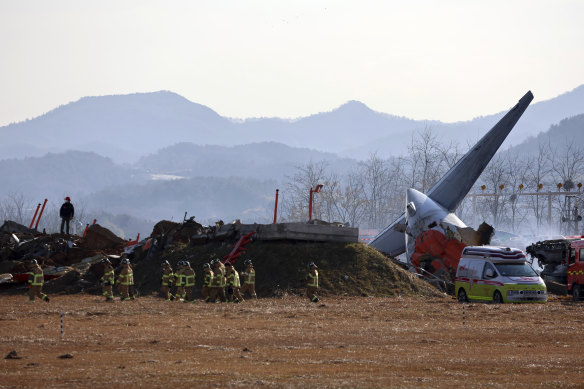 Firefighters and rescue workers at the crash site.