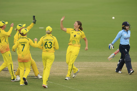 Darcie Brown of Australia celebrates a wicket.