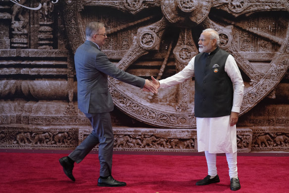 Indian Prime Minister Narendra Modi welcomes Anthony Albanese upon his arrival for the G20 Summit.