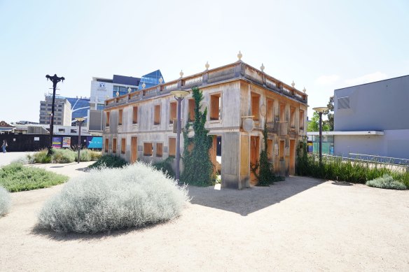 Irish artist Sean Lynch’s replica wooden pub, part of an artwork standing since 2021 in University Square in Carlton, opposite the Corkman site.