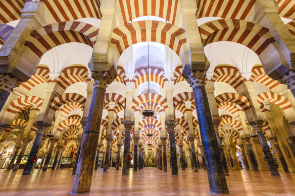 The cinematic Hypostyle Hall of the Mosque-Cathedral in Cordoba.