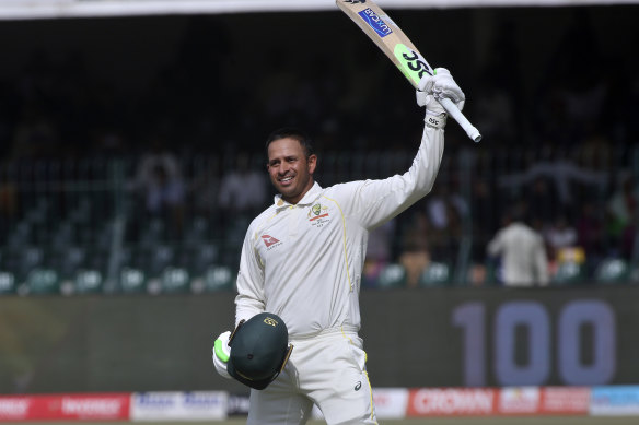 Australia’s Usman Khawaja celebrates after completing century on the fourth day of the third test match.