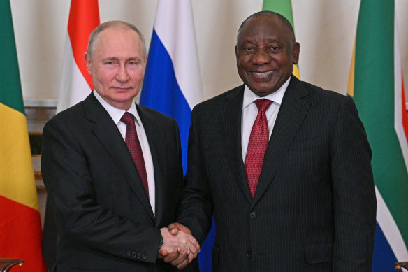 Russian President Vladimir Putin, left, and South African President Cyril Ramaphosa pose for a photo prior to their talks after a meeting with a delegation of African leaders and senior officials in St. Petersburg in June. 