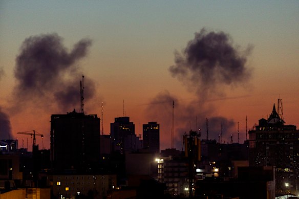 Smoke rising from an airstrike in Tehran, Iran., on Friday.