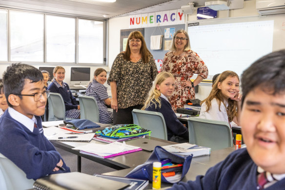 Braybrook College principal Kelly Panousieris (left) and maths co-ordinator Rebecca Thom in the school’s numeracy centre. 