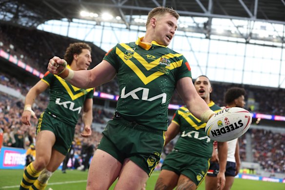 Hudson Young celebrates scoring a try during the Rugby League Ashes match between England and Australia.